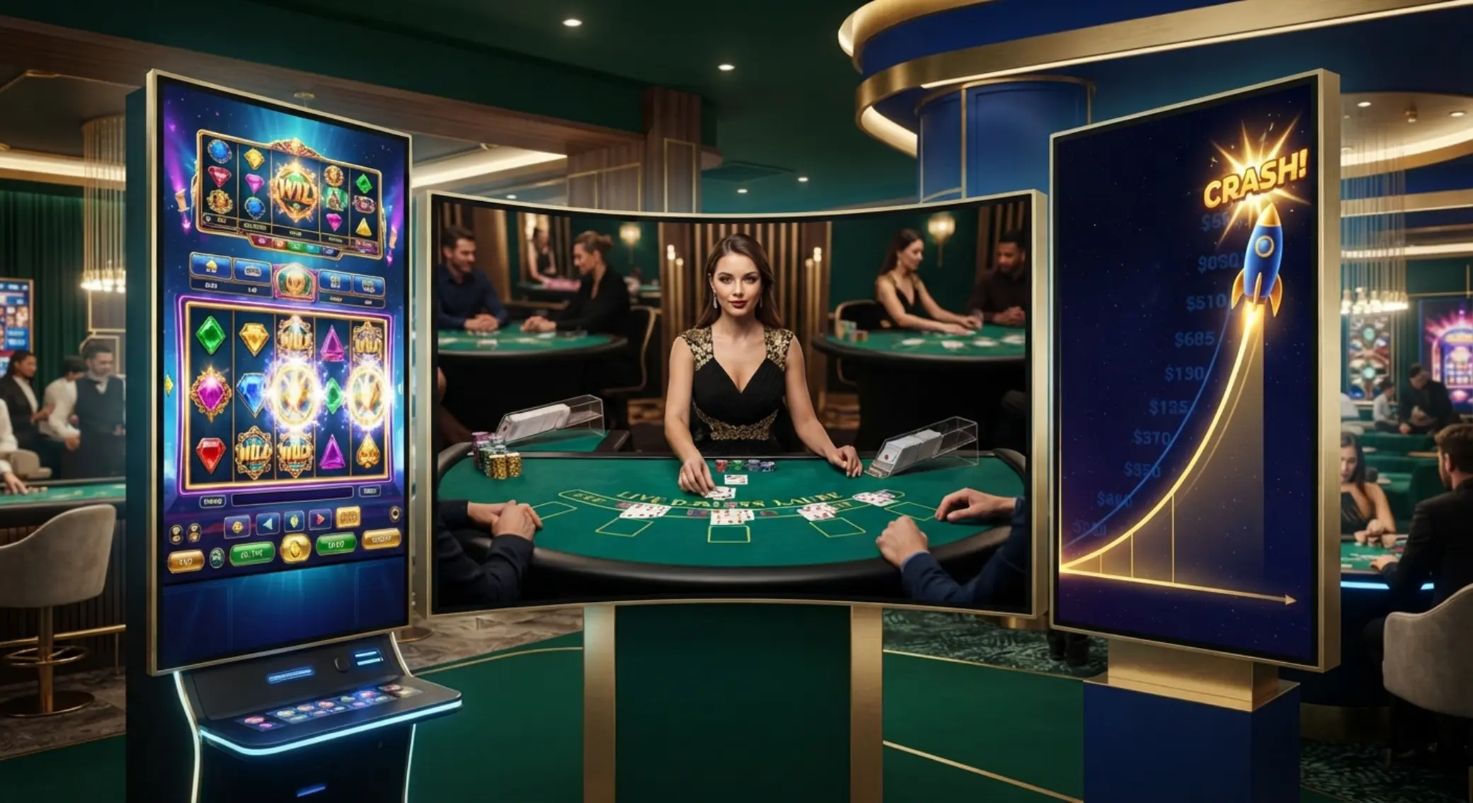 Collage of slot, live table and instant game types for real money play