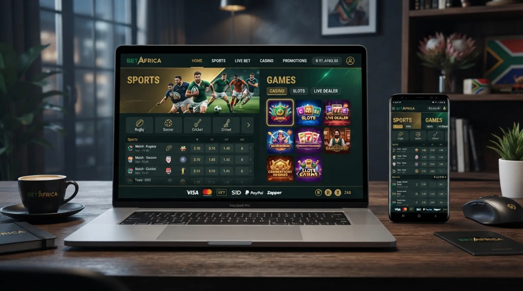 BetXchange style interface showing sports and game sections with ZAR focus