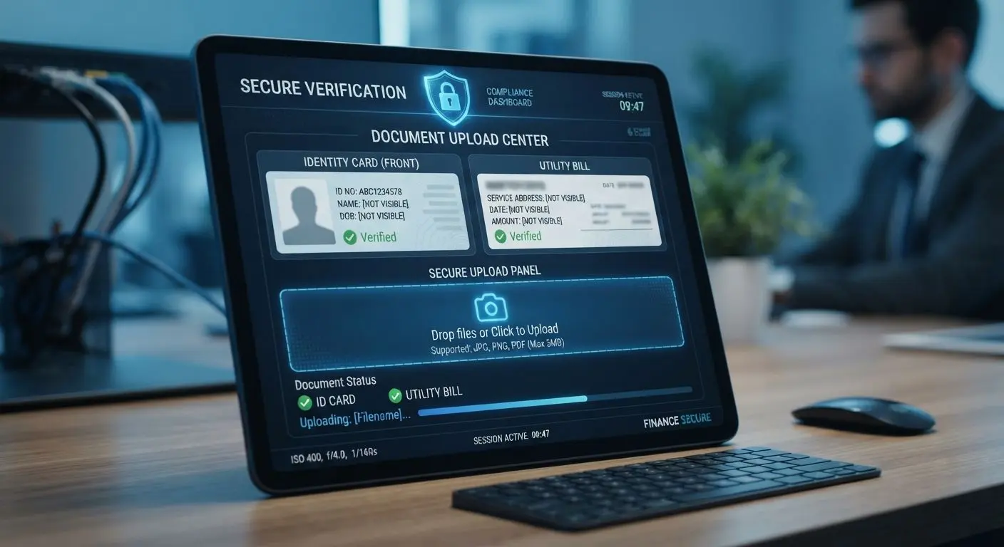 Verification documents and security shield on a digital account screen
