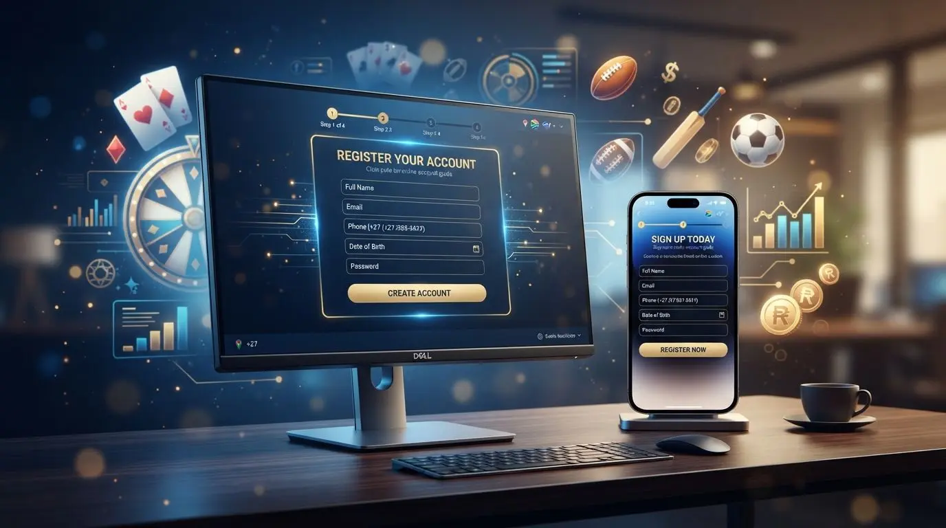 Desktop and mobile online registration scene with entertainment and sports interface elements