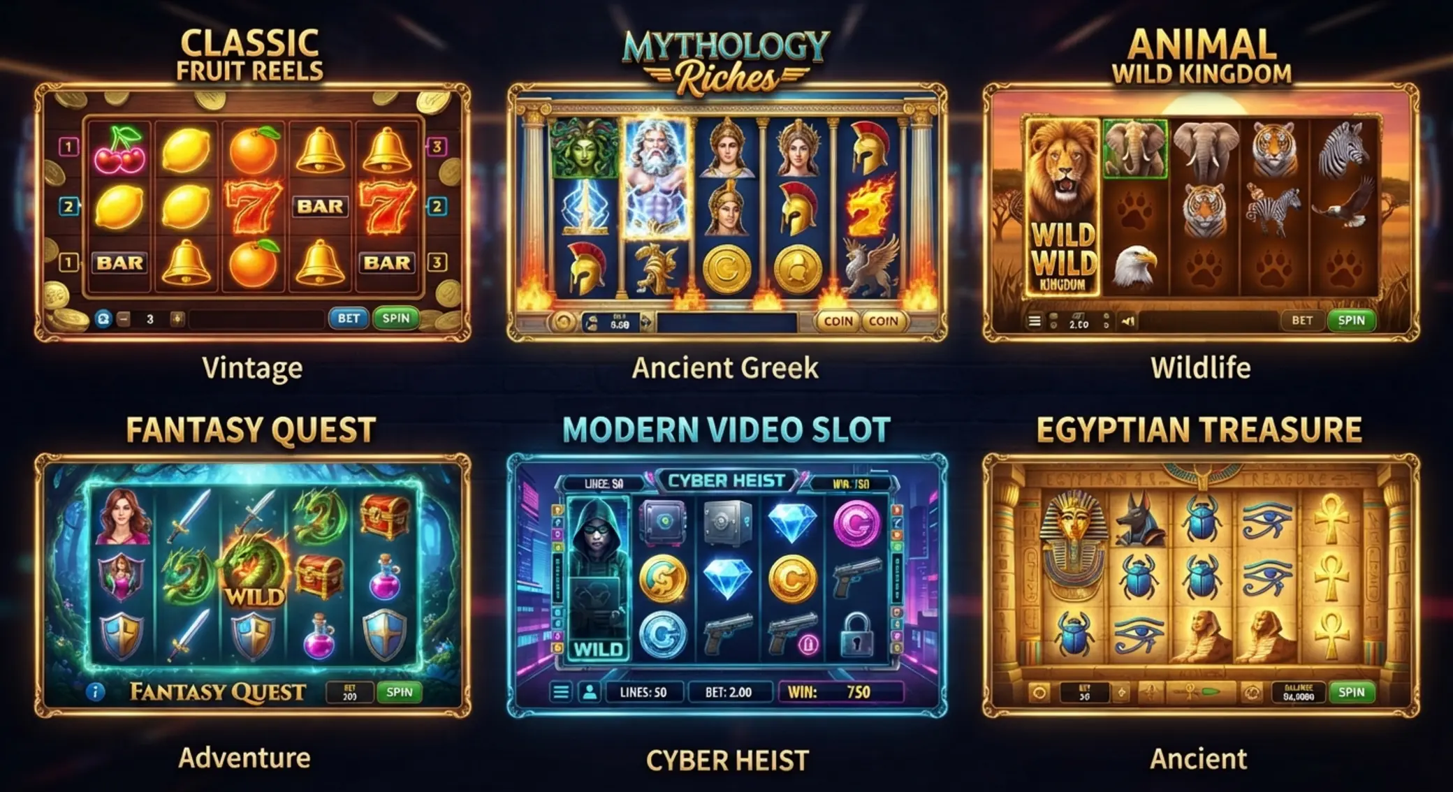 Collage showing classic and themed BetXchange slot categories