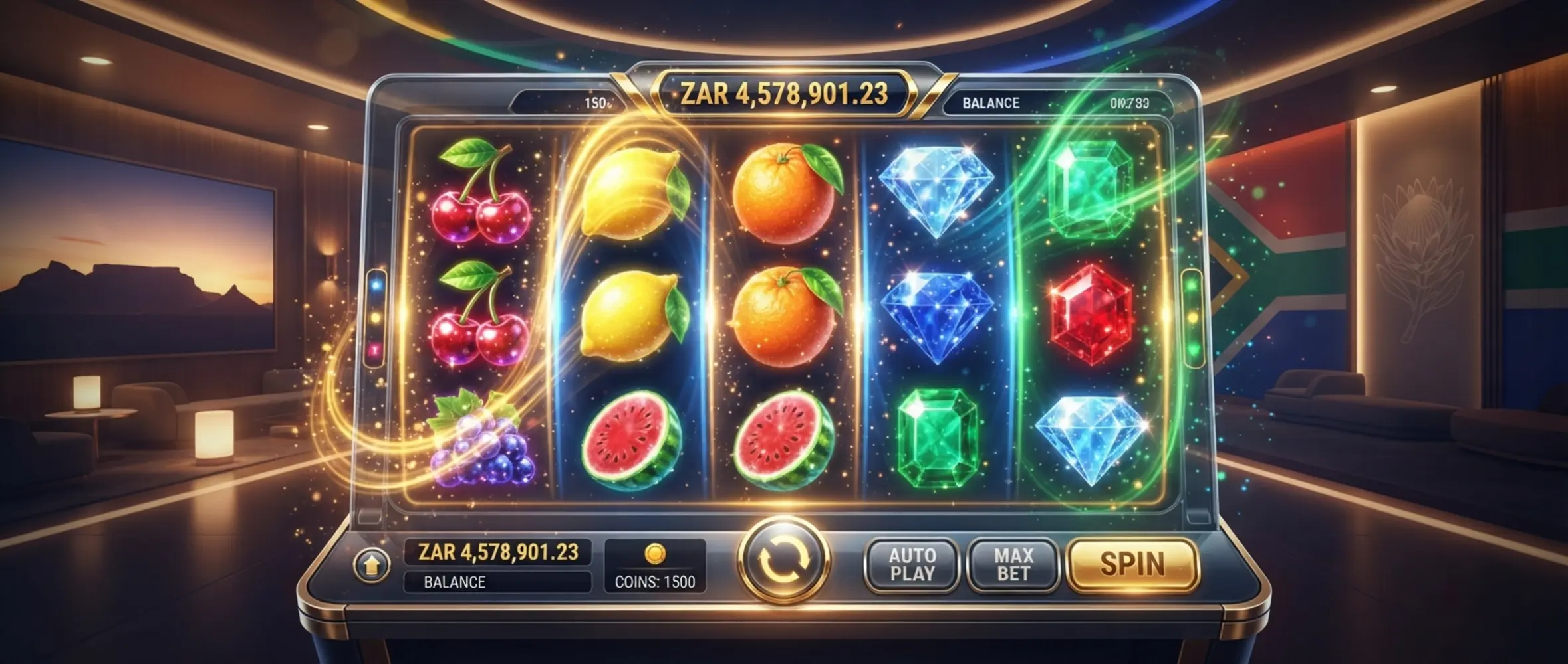 Colourful BetXchange slots themed banner with bright reels and South African inspired accents