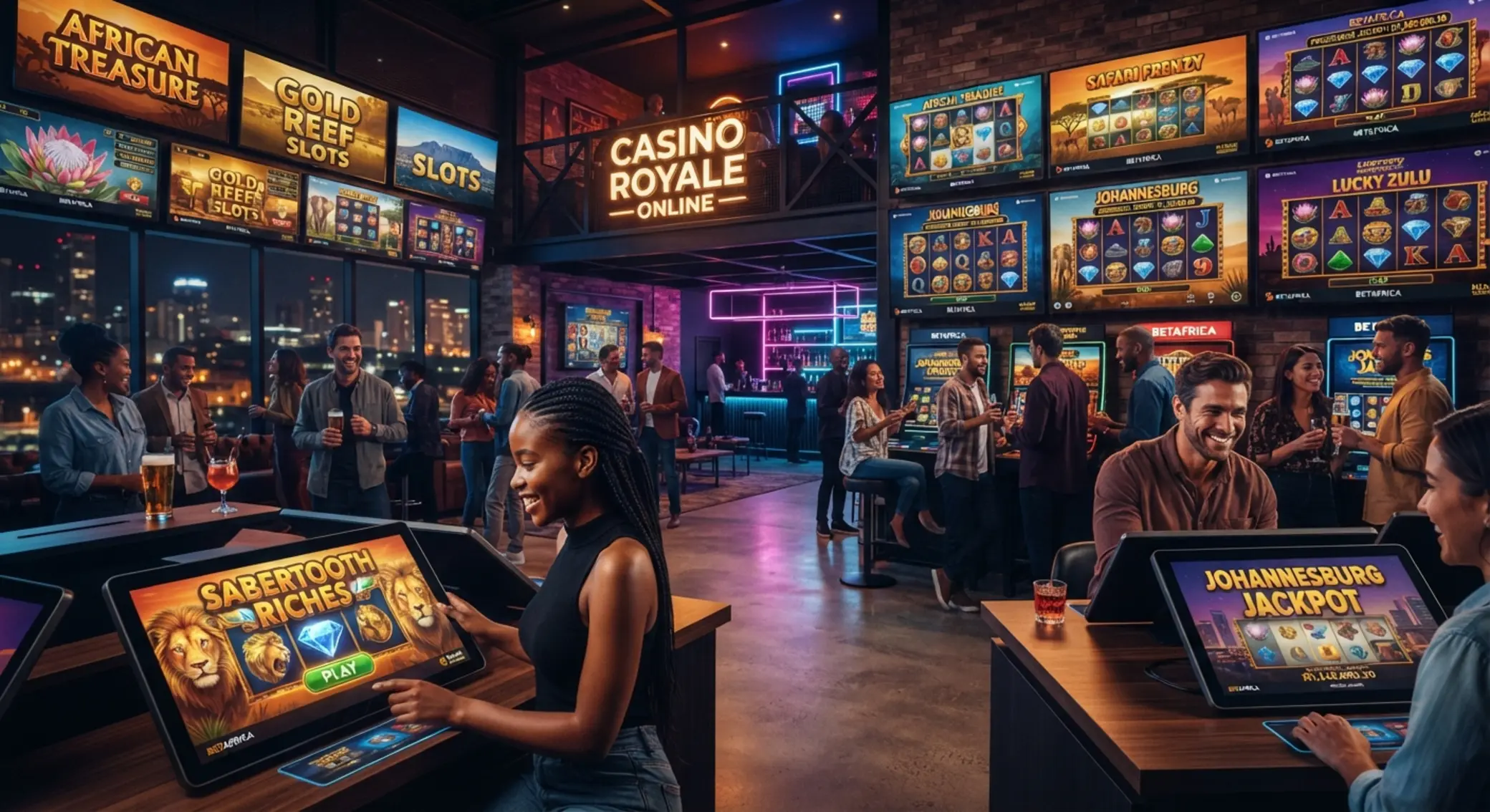 BetXchange slots lobby style illustration with slot reels and South African theme