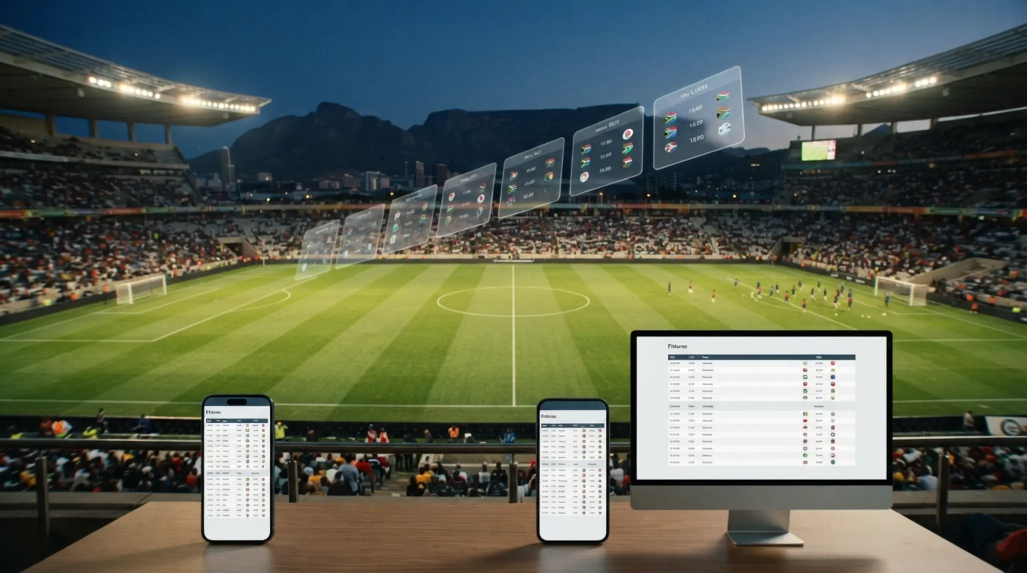 Football field with digital match calendar and PDF fixture screens