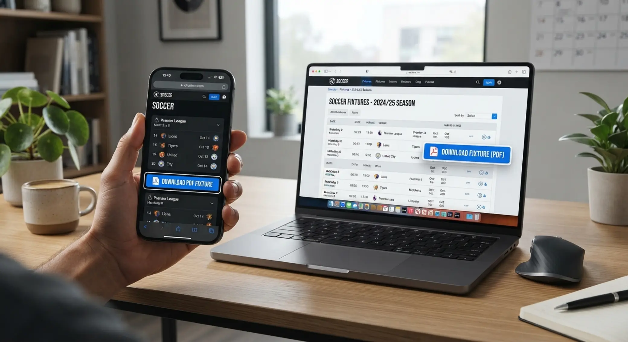 Downloading a soccer fixture PDF on mobile and desktop