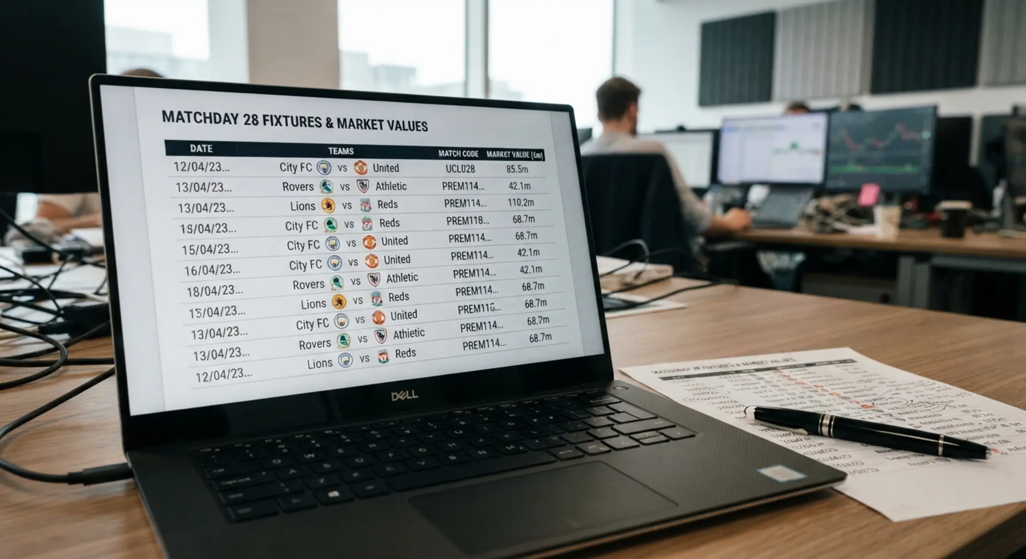 Example soccer fixture table with match code and columns