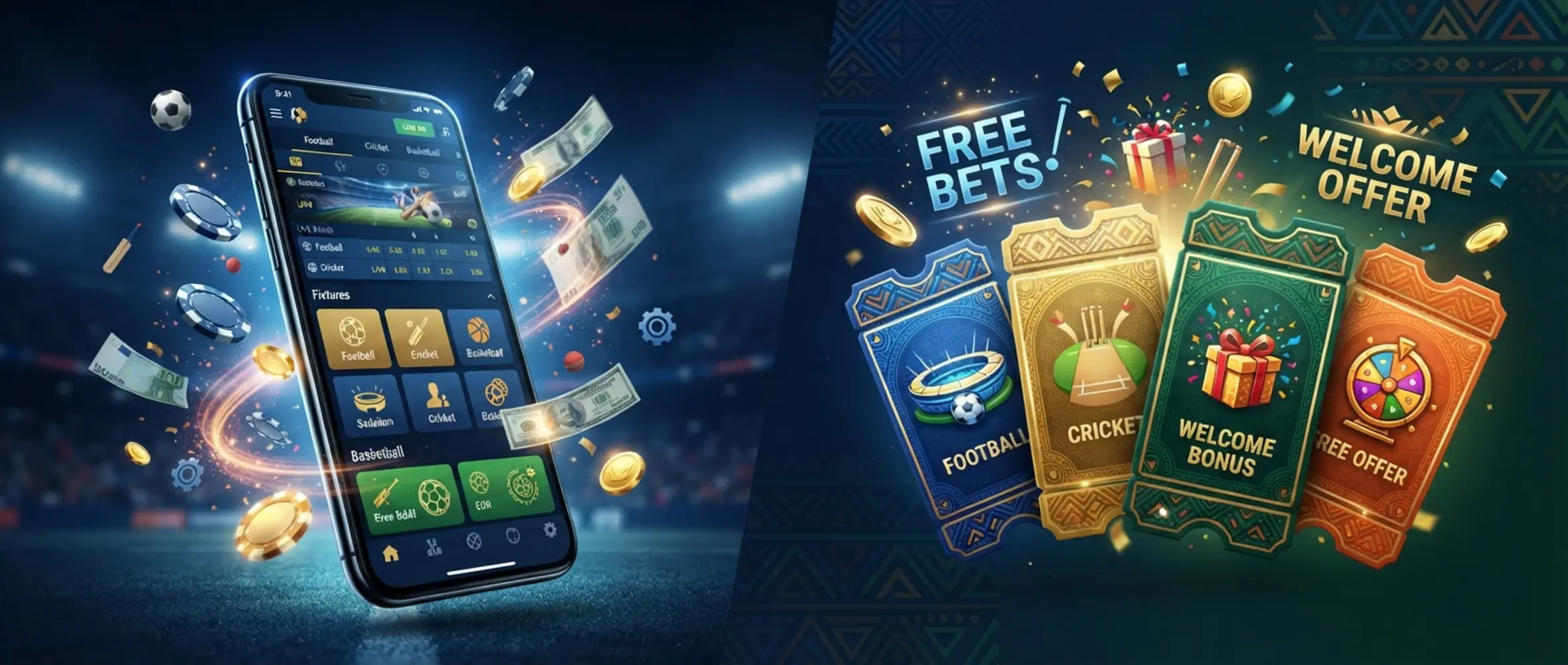 Promotional banner with mobile interface, reward cards and secure digital entertainment theme