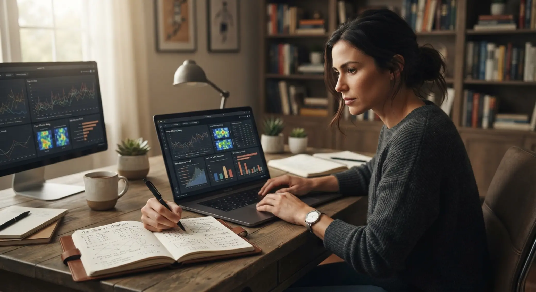 Analyst reviewing sports data and offers on laptop with notebook