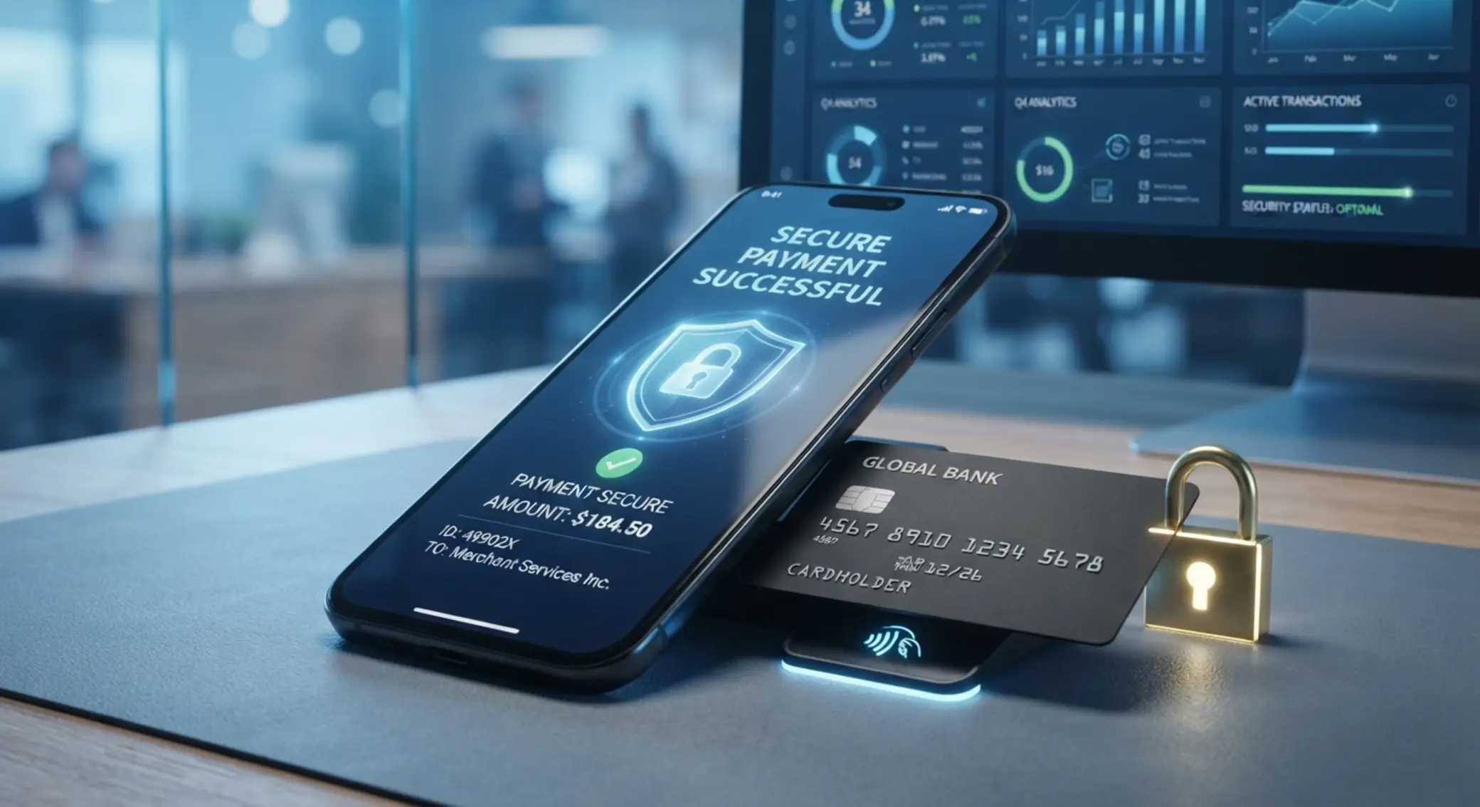 Secure payments illustration with smartphone, card and lock icon