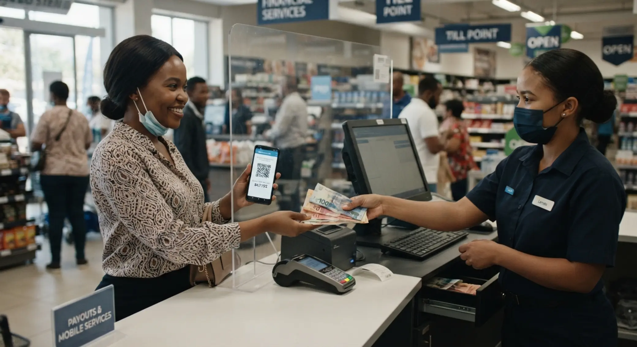 Customer collecting a withdrawal with a code at a betting shop counter