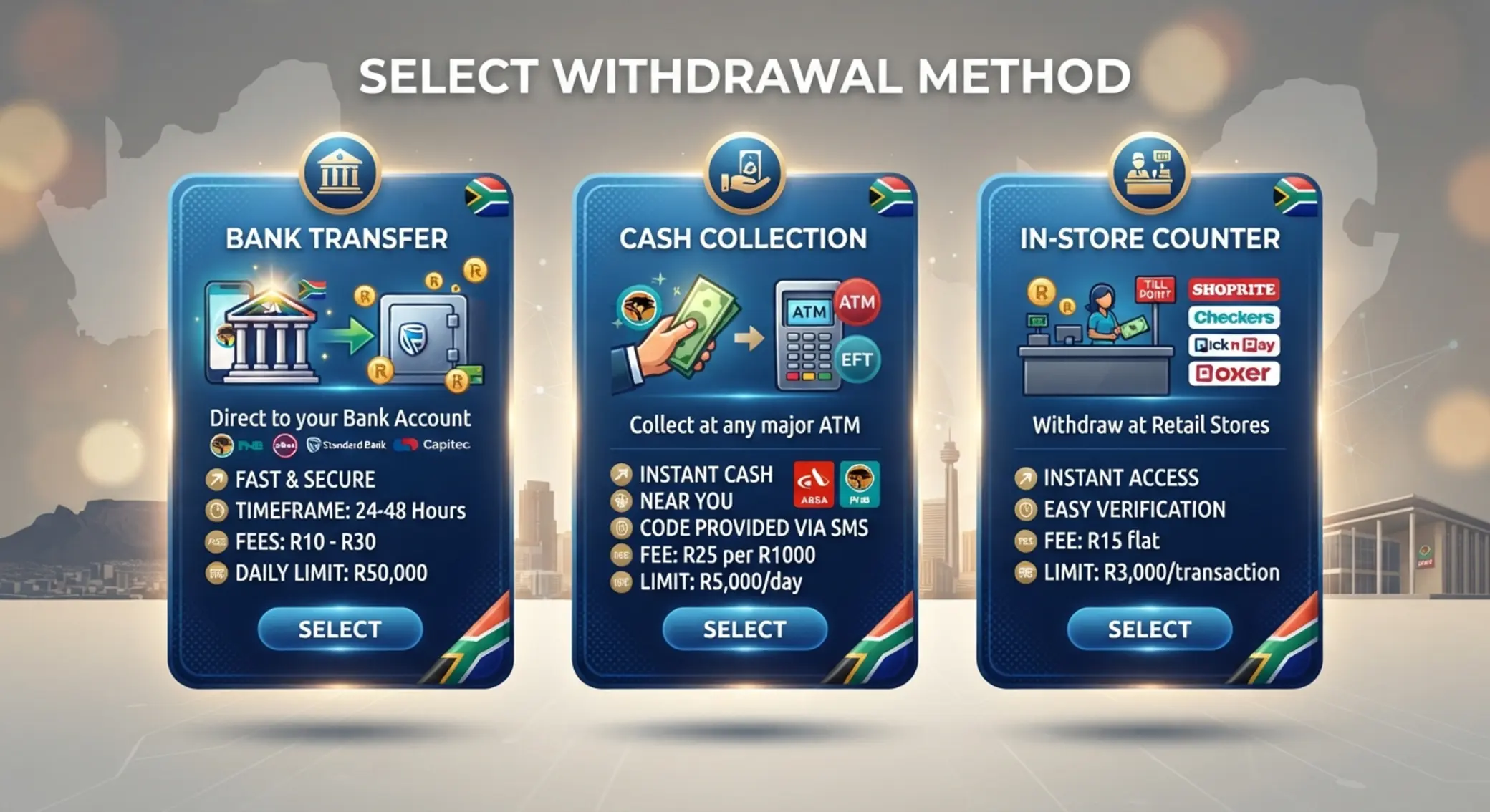 Comparison of bank transfer, cash collection and betting shop withdrawal methods